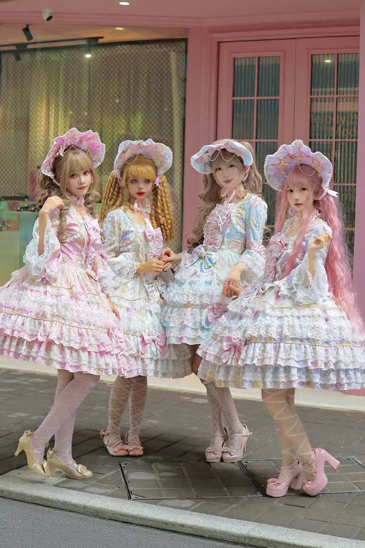 Pink [Candlelight Elegance] Long Trumpet Sleeves Multi-Layered Ruffle Bowknot Lace Sweet Elegant Lolita Dress