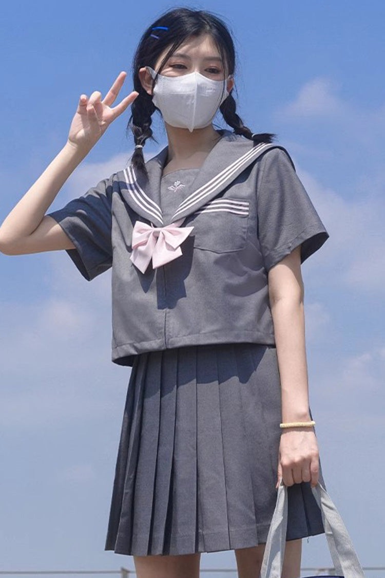 Grey Sweet College Style Navy Collar Japanese School Pleated Skirt