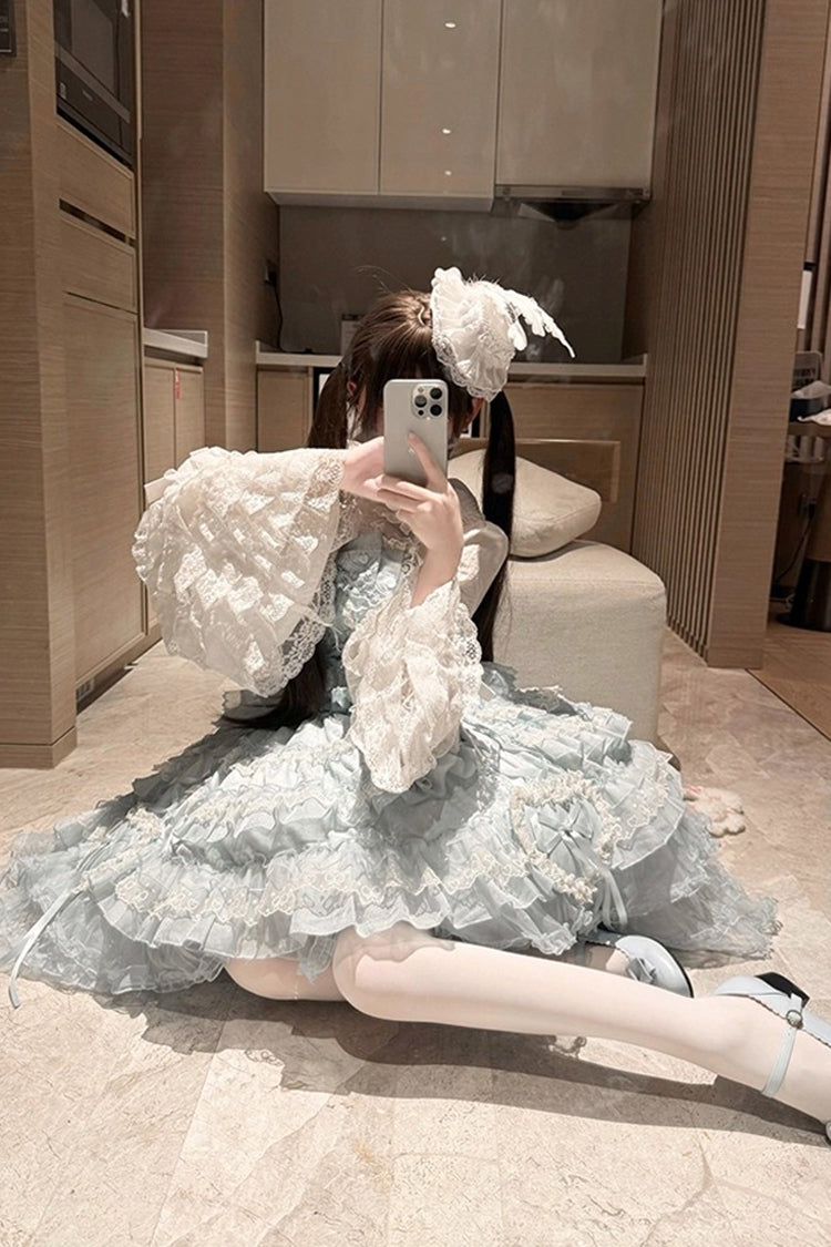 Robe Jsk Sweet Lolita en dentelle à nœud papillon broderie Hanayome à volants multicouches bleu [Sweetheart Diary] 