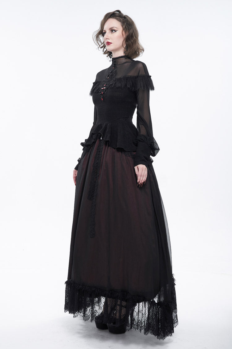 Schwarzes, sexy Rollkragen-Spitzen-Panel aus Netzstoff mit Laternenärmeln im Retro-Look für Damen im Gothic-Stil