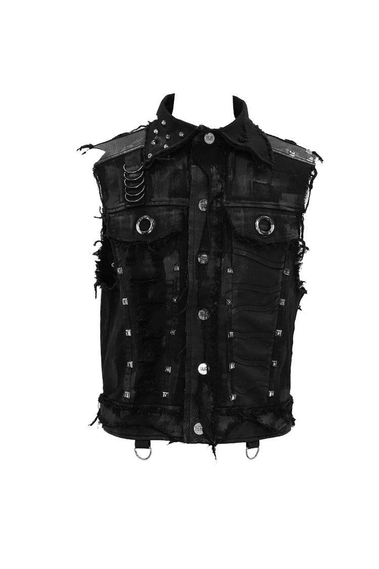 Black Heavy Metal Rivet Back Printed Coarse Twill Worn Out Men's Punk Waistcoat