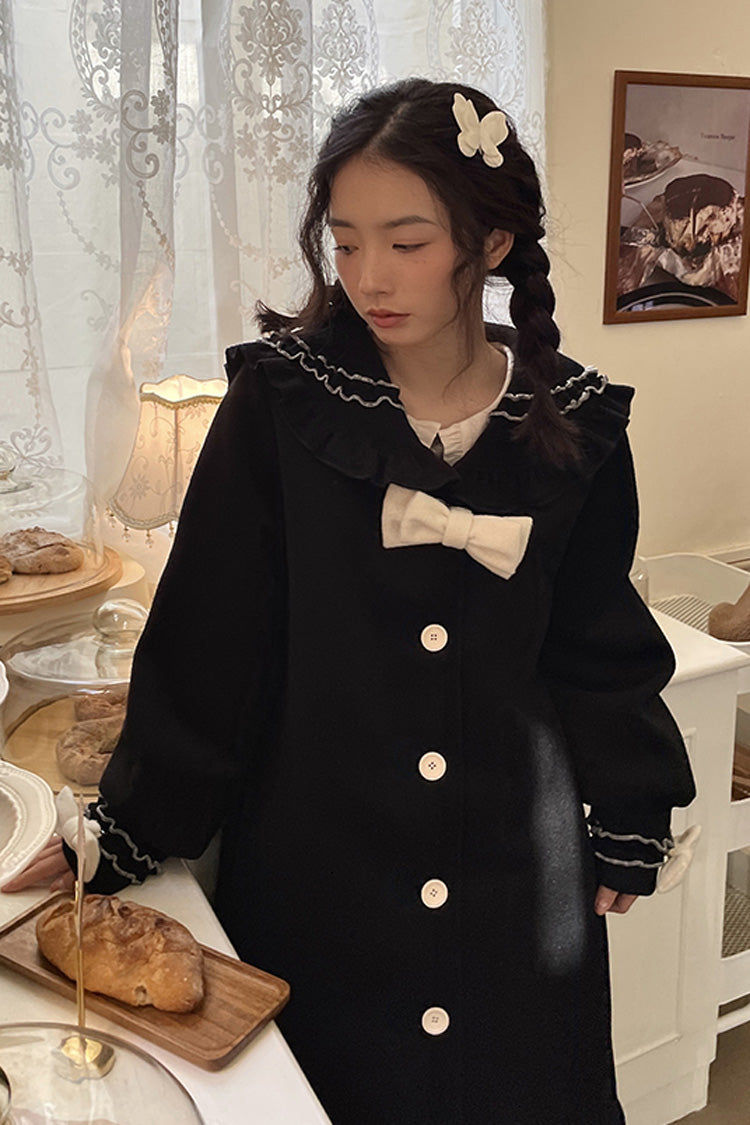 Black [Bouquet Bear] Doll Collar Long Sleeves Ruffle Bowknot Princess Lolita Coat