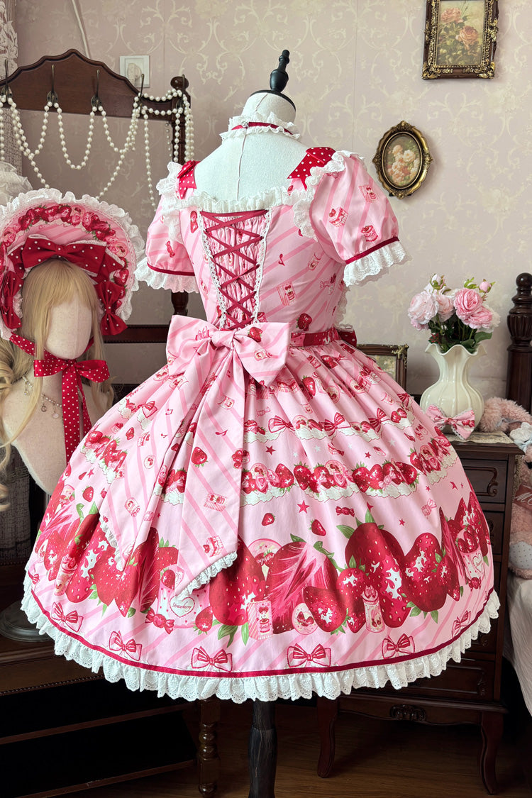 Pink [Strawberry Gift Box] Short Sleeves Print Ruffle Bowknot Lace Sweet Lolita Dress