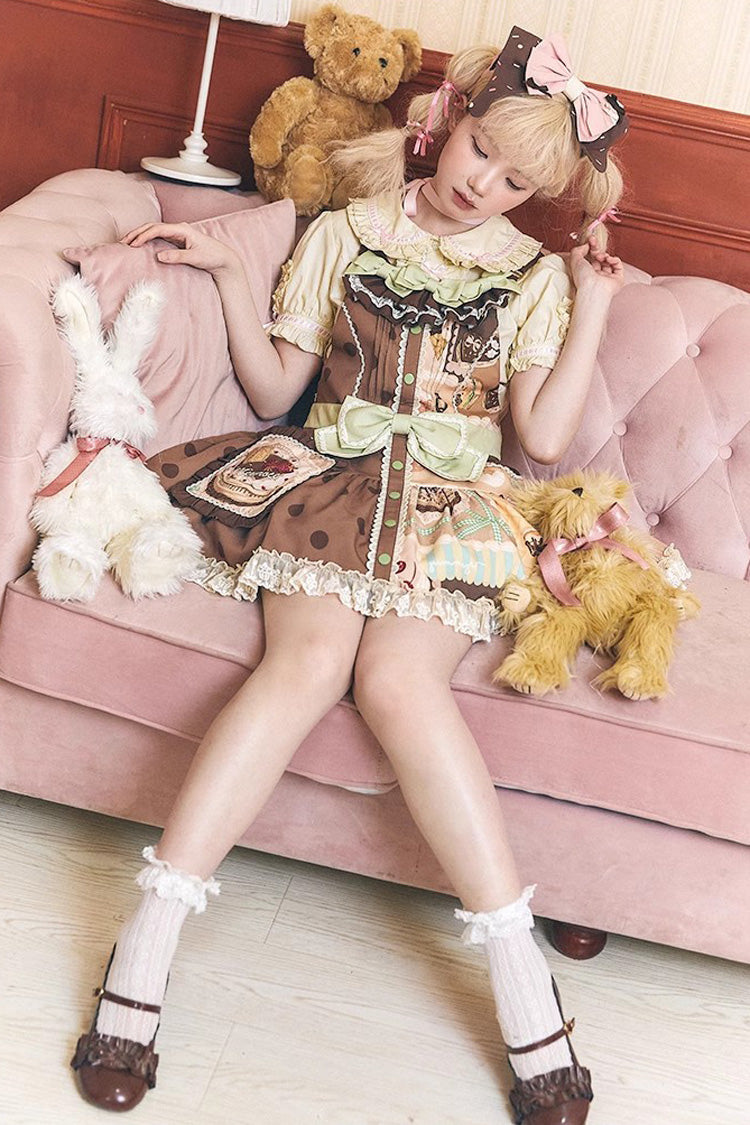 Brown Cake Chocolate Dessert Print Ruffle Bowknot Sweet Lolita Strap Dress