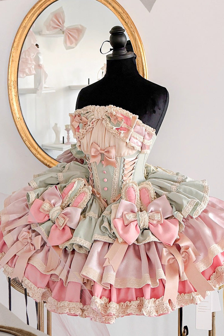 [Ribbon Dance] Multi-Layered Ruffle Bowknot Lace-Up Sweet Princess Lolita Dress 3 Colors