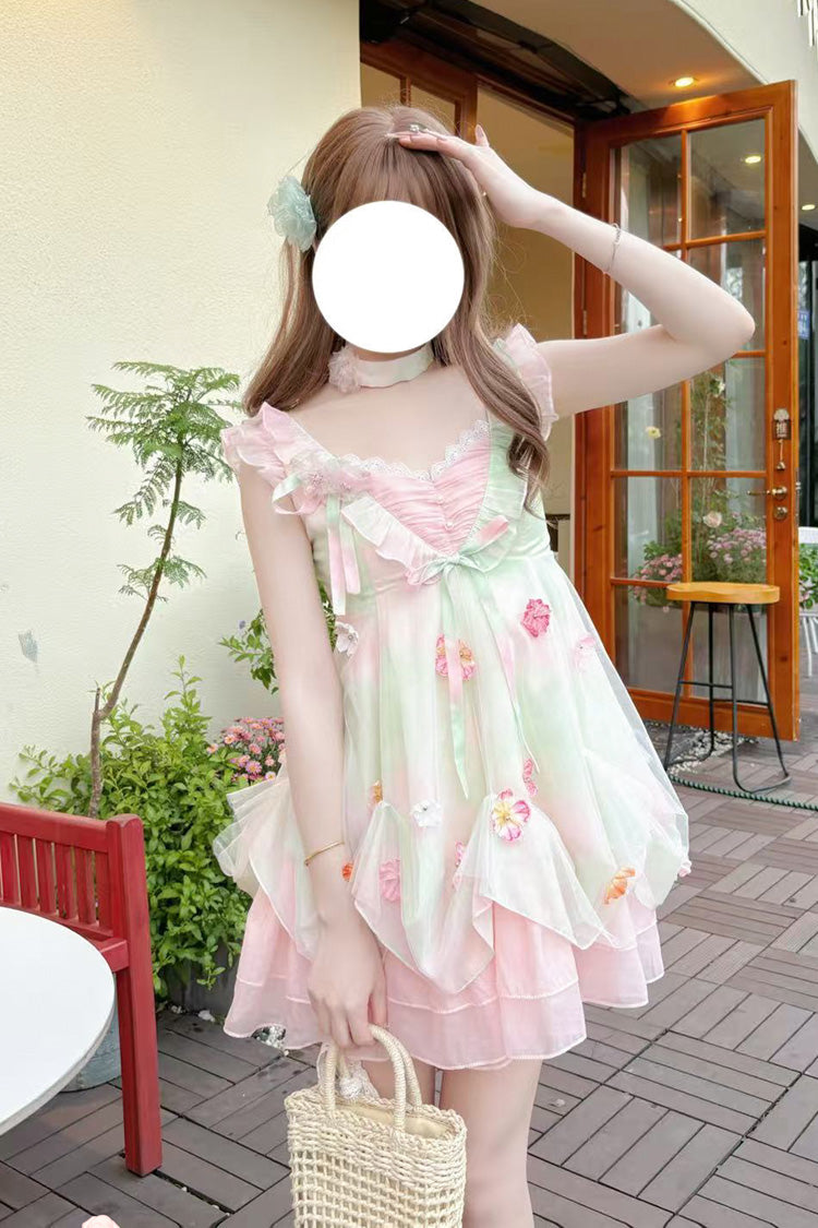 Pink/Green [Dream of Flowers] Sleeveless Print Ruffle Lace Sweet Princess Lolita Jsk Dress