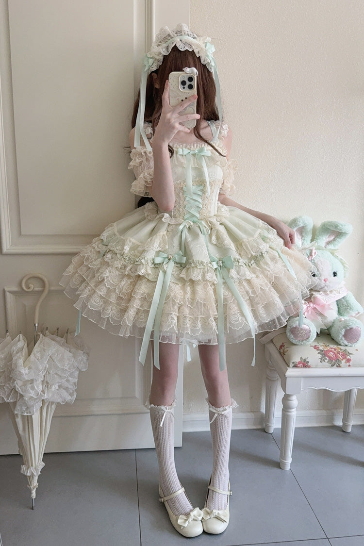 Green [Ribbon Heart Love] Sleeveless Multi-Layered Ruffle Bowknot Lace Lace-Up Sweet Princess Ballet Lolita Jsk Dress