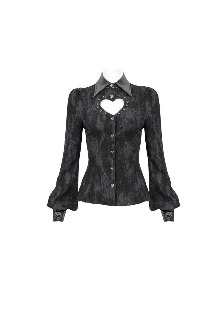 Black Leather lapel Heart Cutout Puff Sleeved Women's Gothic Shirt