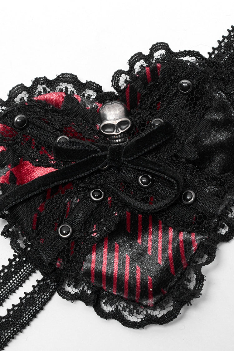Schwarz/Rot Metall Totenkopf Dekoration Spitze Herz Damen Gothic Augenmaske