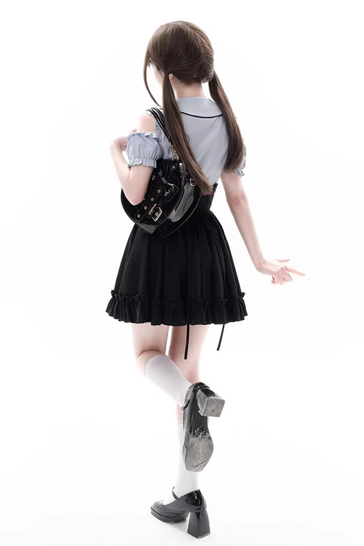 Black/Blue Short Sleeves Ruffle Off Shoulder Sweet Lolita Skirt Set