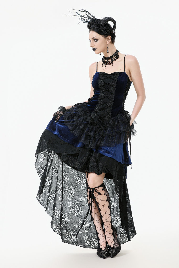 Black/Blue Women's Gothic Multi-Layered Lace Floral Lace-Up High/Low Slip Dress