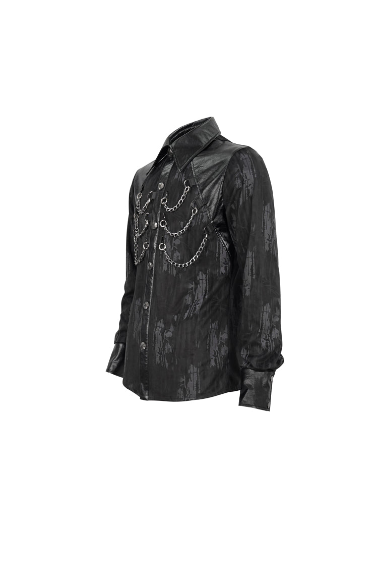 Black Ribbed Metal Chain Hand-Painted Velveteen Paneled Leather Men's Punk Shirt