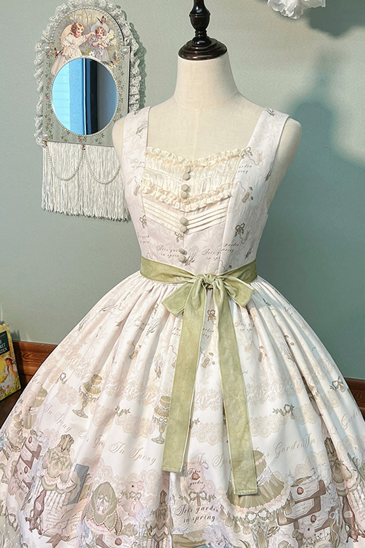 [Iris Study] V-Kragen Ärmellos Print Schleife Spitze Süßes Lolita Pullover Kleid 2 Farben