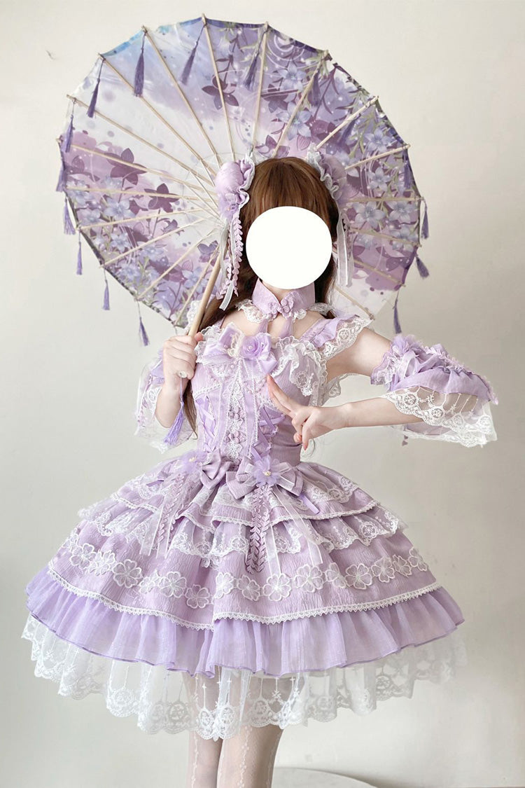 Lila [Regen von Pfirsichen] Ärmelloses mehrschichtiges Schleifen-Spitzen-Süßes-Chinesischer-Stil-Lolita-Jsk-Kleid 