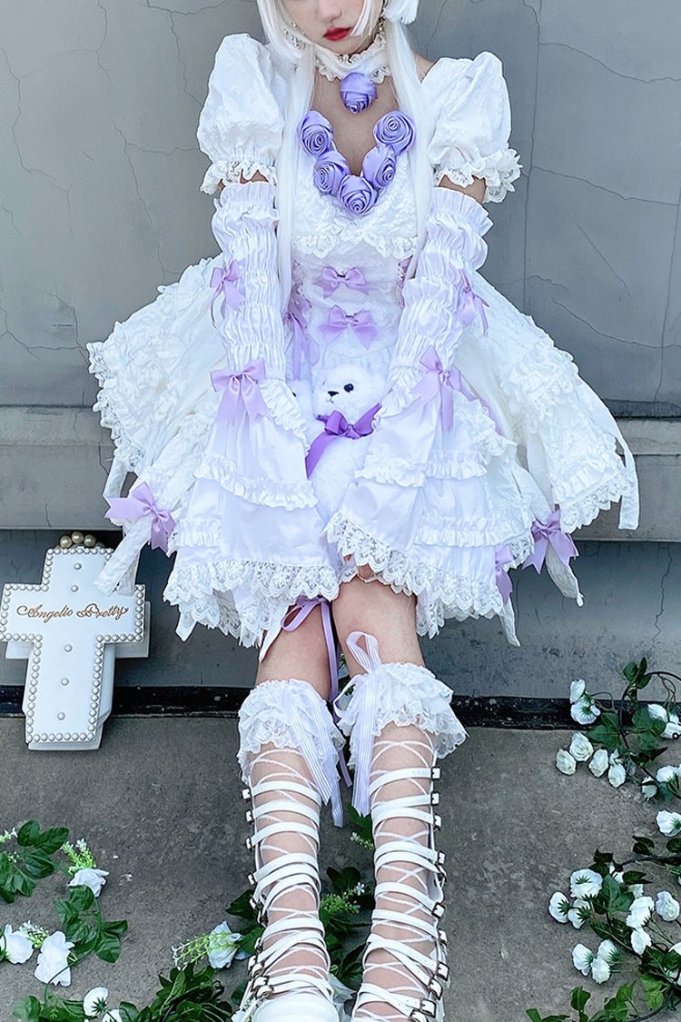 White/Purple Puff Short Sleeves Princess Gothic Lolita Tiered Dress
