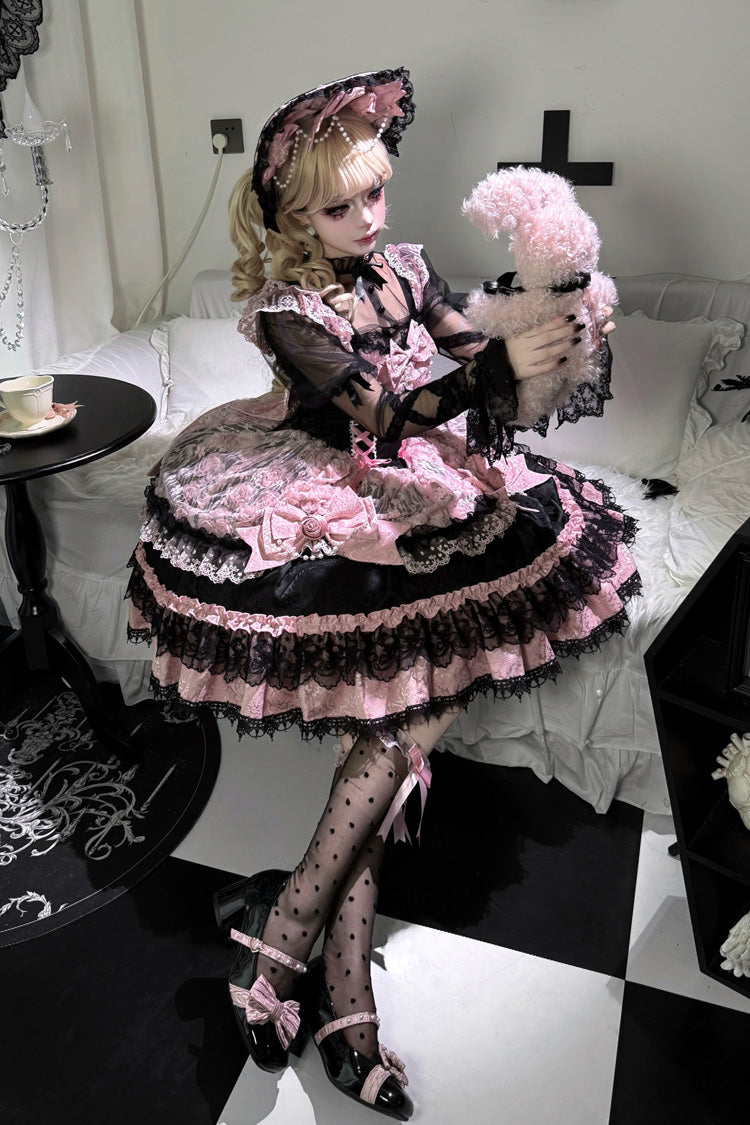 Black/Pink [Rose Princess] Sleeveless Ruffle Bowknot Lace Lace-Up Sweet Ballet Lolita Jsk Dress