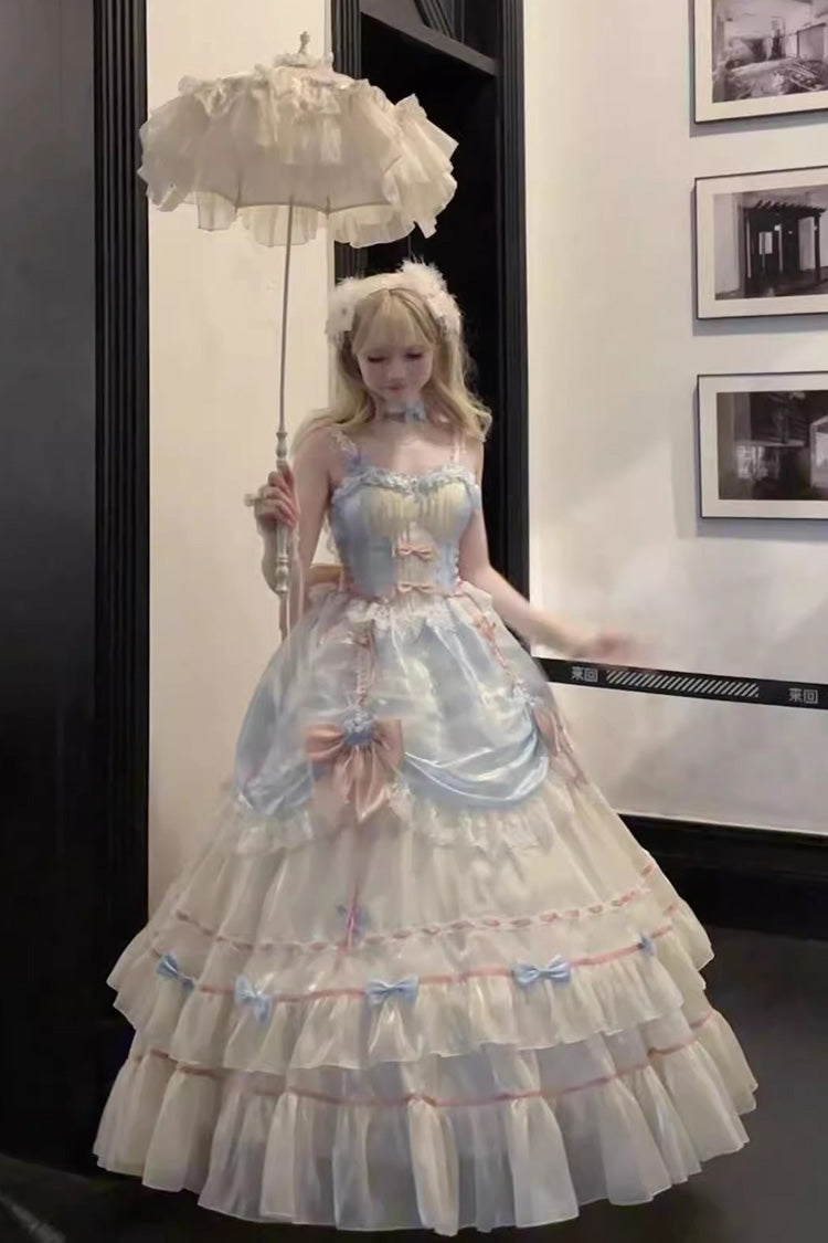 Aprikose/Blau/Rosa Mehrlagiges Hanayome Rüschen Schleife Süßes Prinzessin Wunderschönes Langes Lolita Jsk Kleid