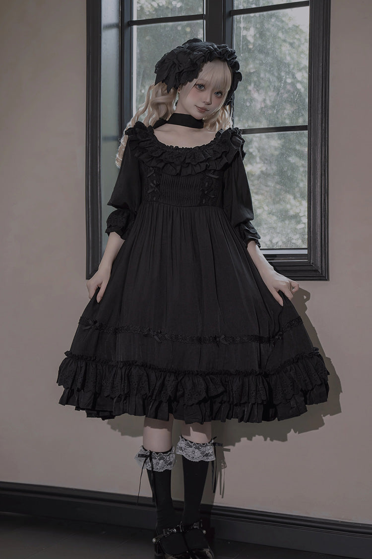 Robe Lolita Gothique Noire à Manches Courtes avec Volants, Nœud et Lacets [Good Morning] 