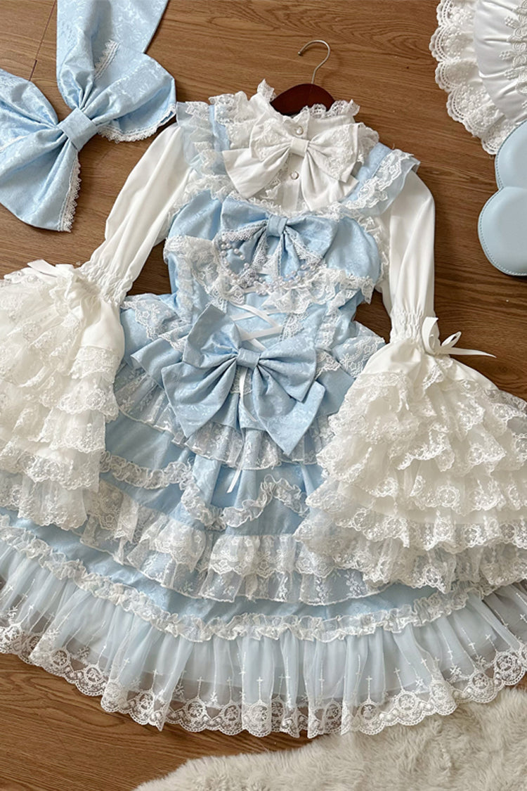 Blue [Love and Heart Flutter] Sleeveless Multi-Layered Ruffle Bowknot Lace Pearl Sweet Lolita Jsk Dress