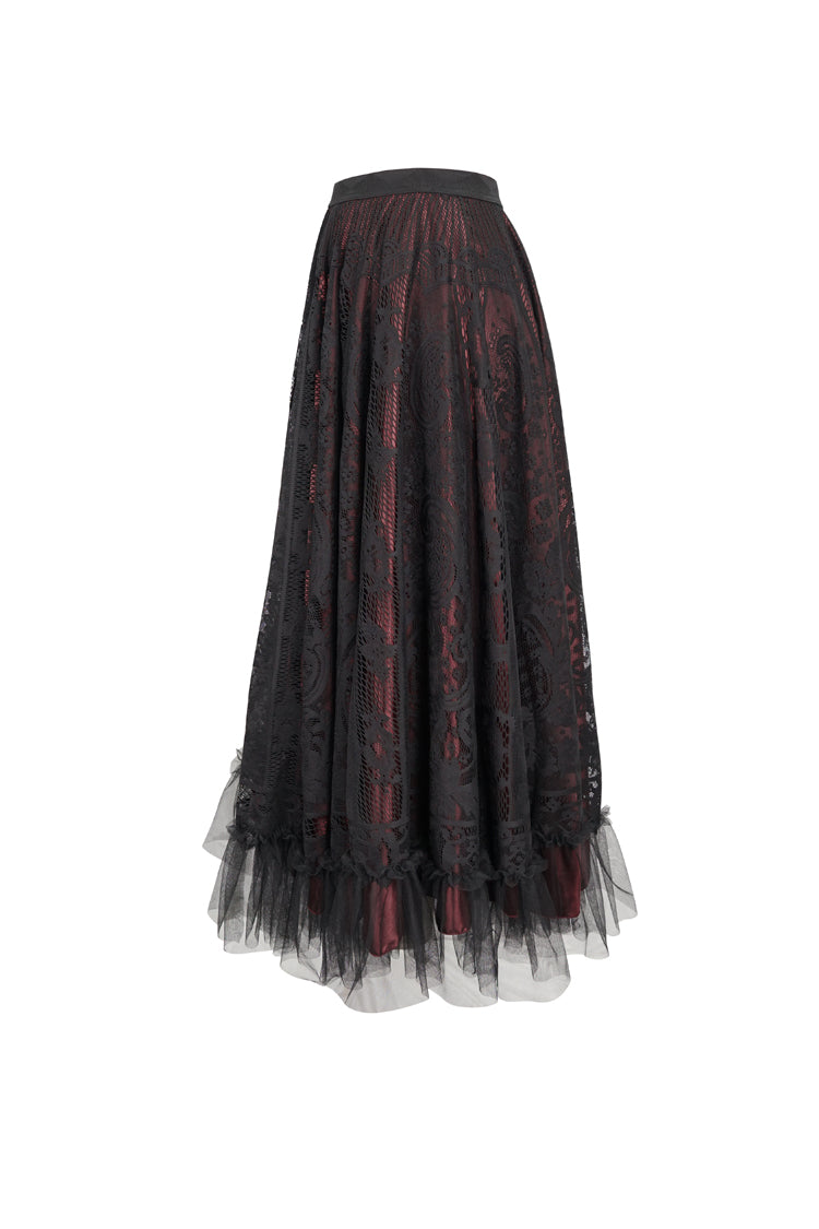 Black/Red Lace Flower Mesh Hem Paneled Ruffles Lace Big Swing Women's Gothic Skirt