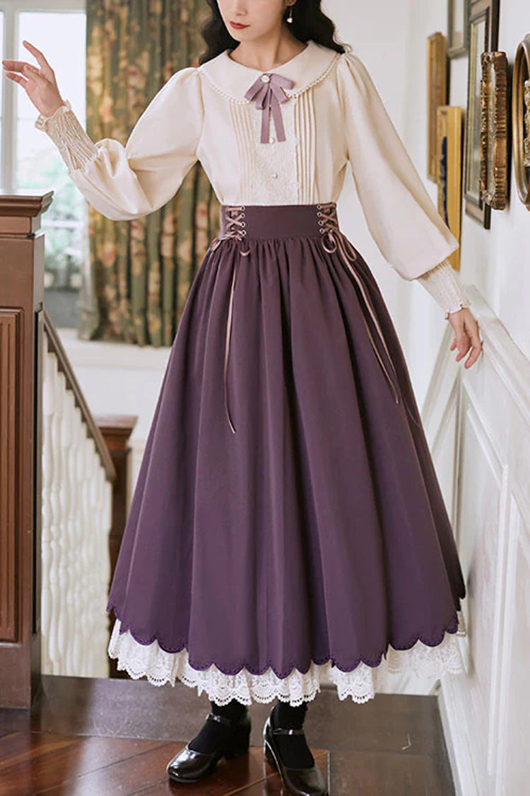 Robe Lolita Classique Deux Pièces avec Ourlet en Dentelle à Vagues et Taille Haute de Couleur Unie 