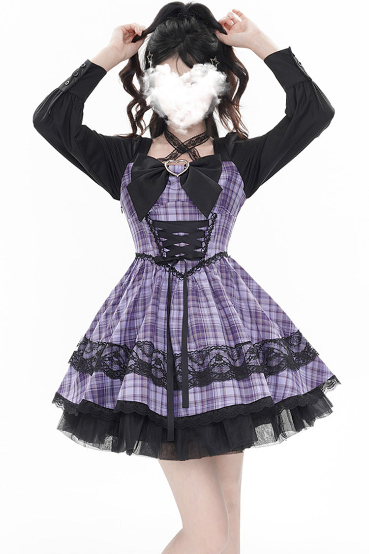 Purple [Witch Time] Long Sleeves Plaid Print Bowknot Lace Sweet Lolita Dress