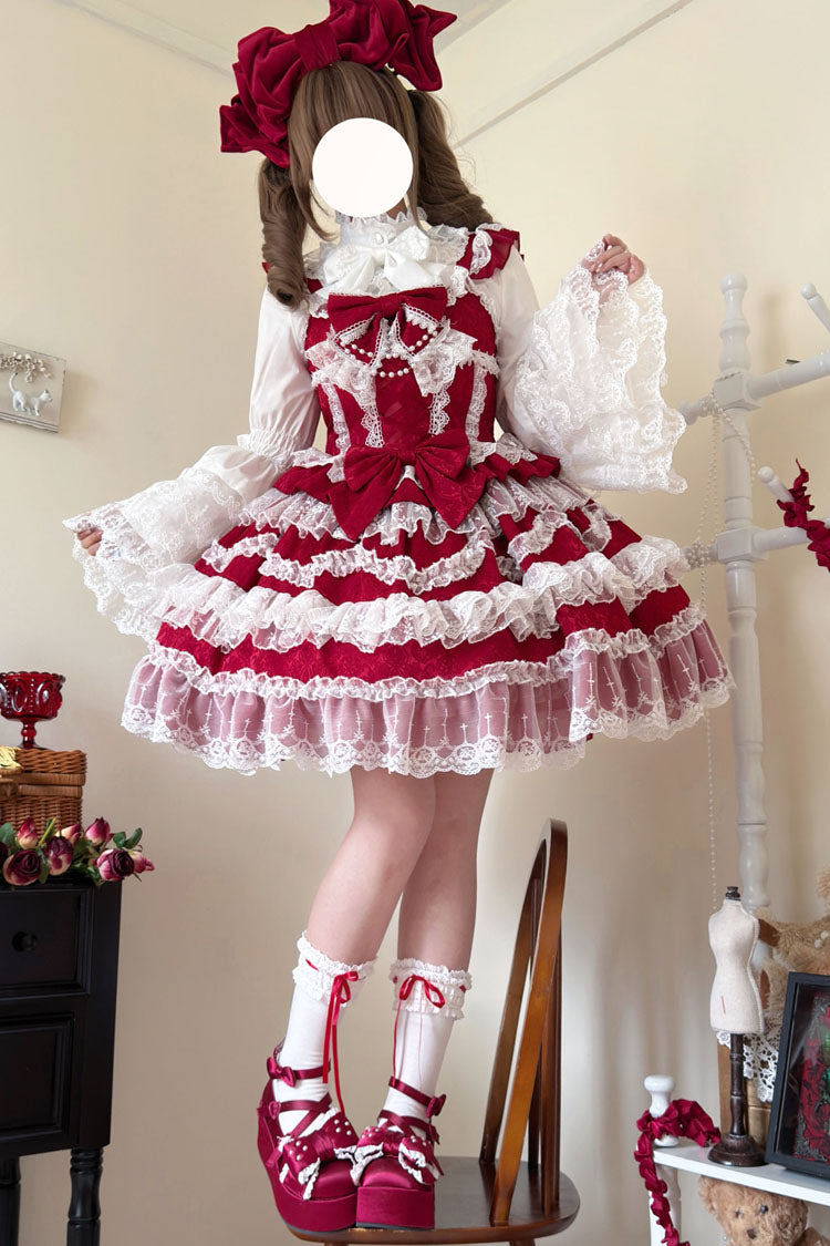 Wine Red [Love and Heart Flutter] Sleeveless Multi-Layered Ruffle Bowknot Lace Pearl Sweet Lolita Jsk Dress