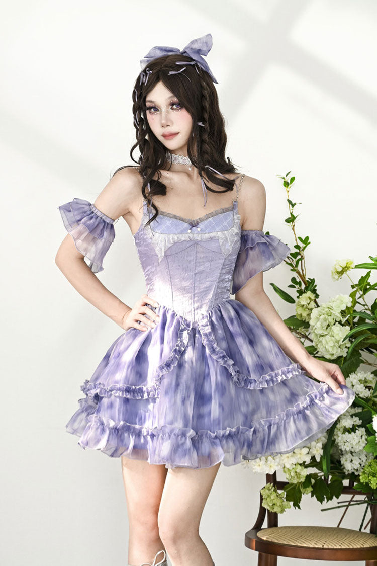 Blue Ruffle Lace Tie-dyed Print Fake Two Pieces Sweet Princess Jsk Dress
