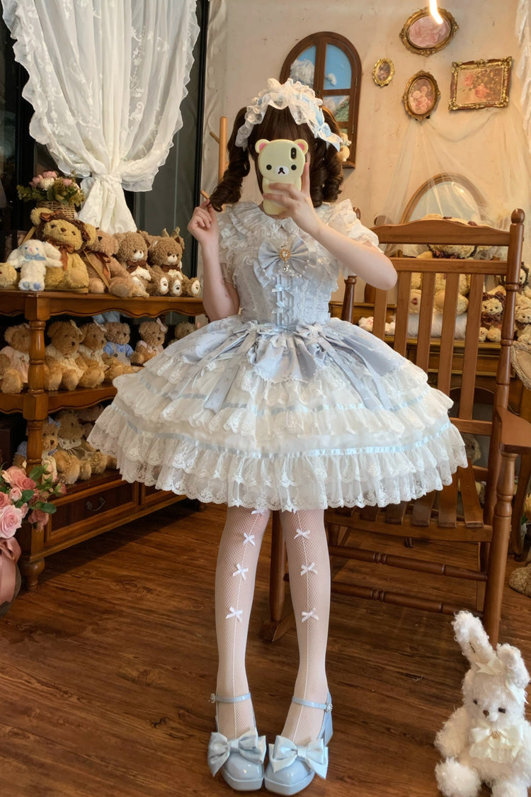 Blue [Snow Kissed Romance] Sleeveless High Waisted Multi-Layered Bowknot Lace Pearl Sweet Ballet Lolita Jsk Dress
