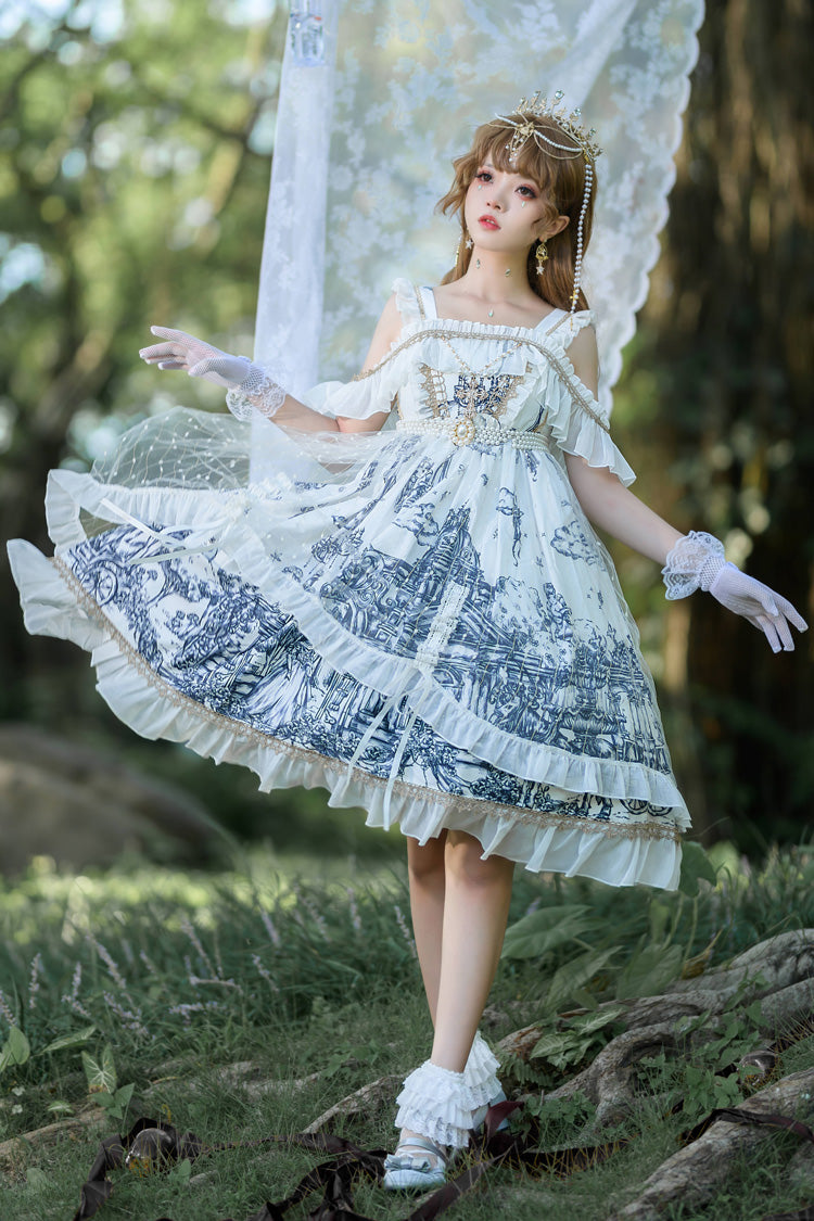 White [Castle Feast] Print Ruffle Bowknot Gothic Princess Lolita Jsk Dress