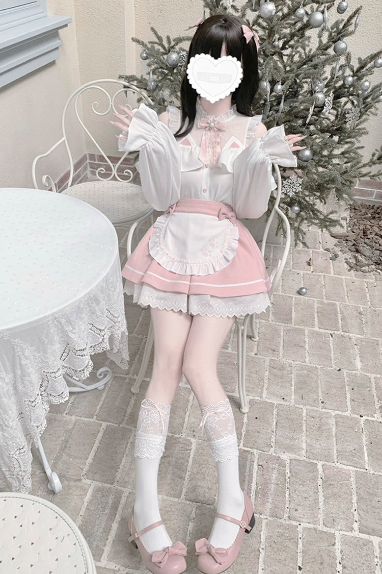 White/Pink Off Shoulder Long Sleeves Ruffle Bowknot Lace Sweet Jirai Kei Skirt