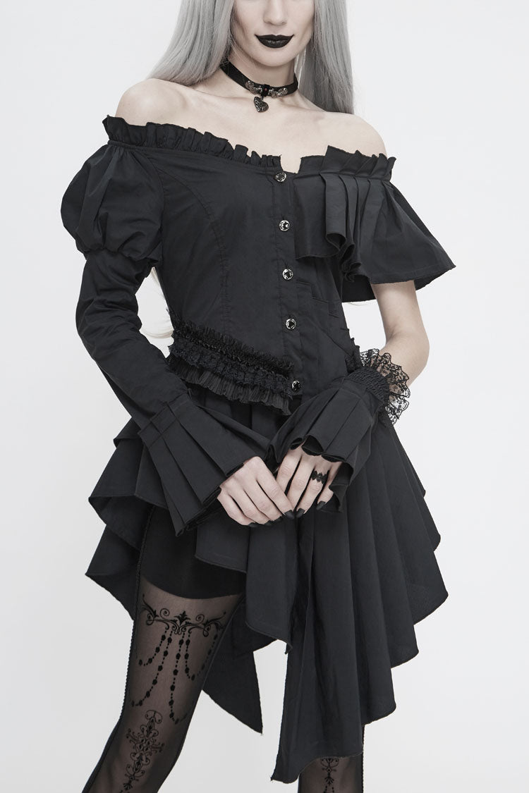 Black Off Shoulder Front Chest Frill Irregular Hem Women's Gothic Blouse