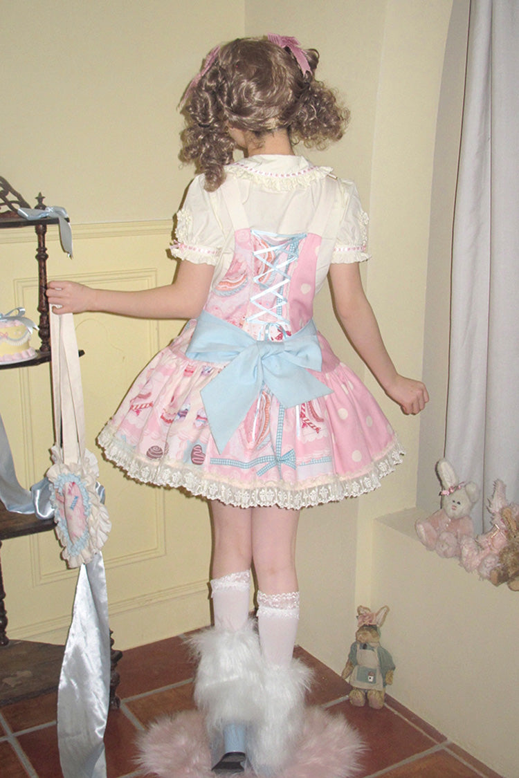 Pink Cake Chocolate Dessert Print Ruffle Bowknot Sweet Lolita Strap Dress