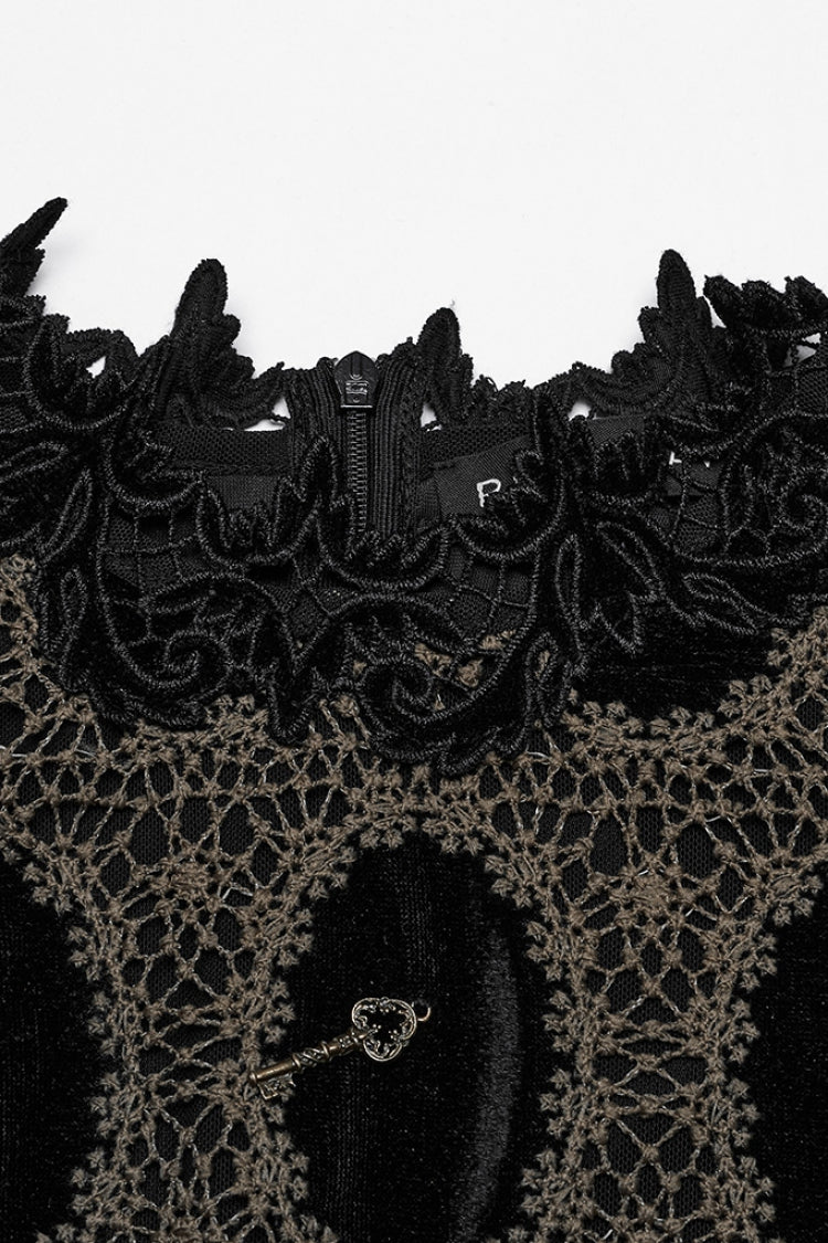 Coffee Long Puff Sleeves Print Embroidery Women's Gothic Blouse
