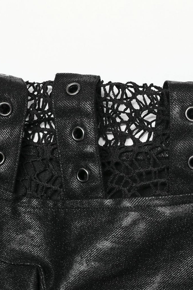 Black Crackled Mesh Hollow Stitching Hooded Mens Steampunk Coat