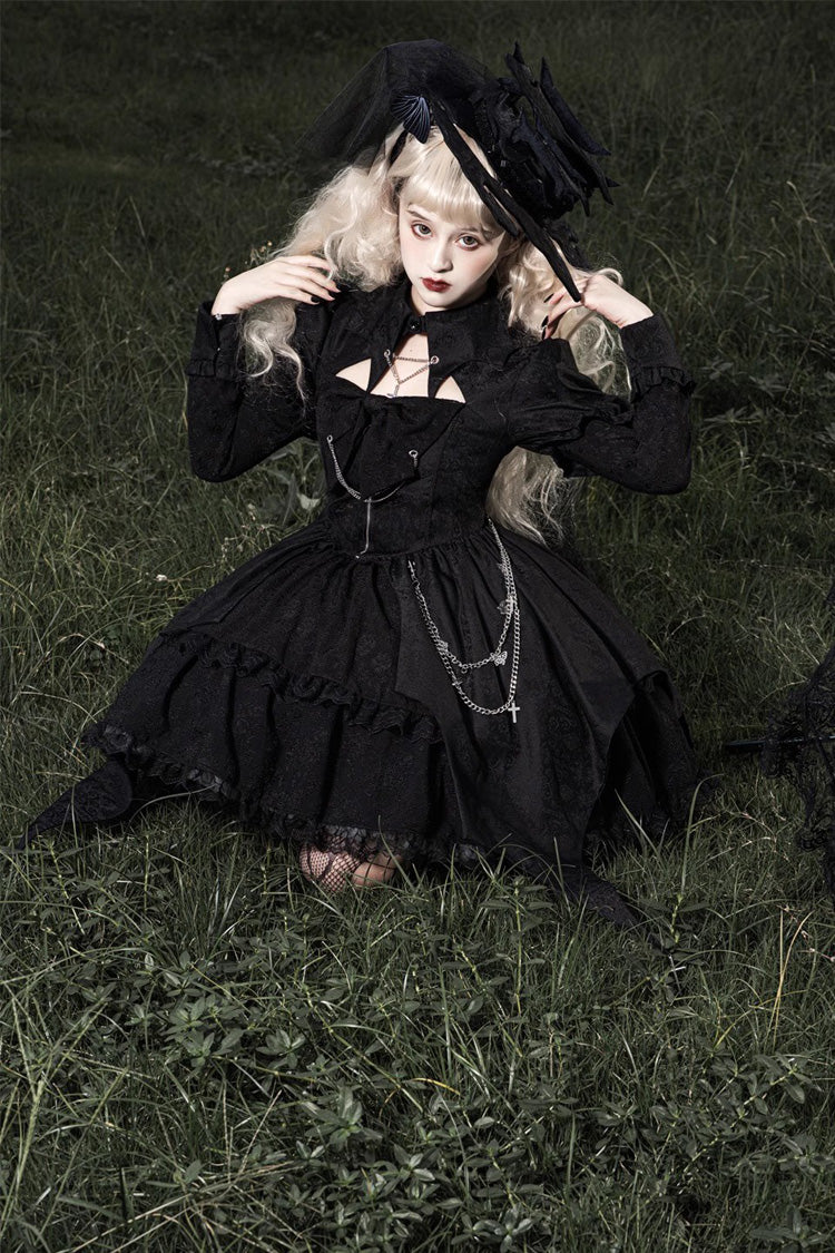 Black Dark Night Law Long Sleeves High Waisted Cardigan Bowknot Lace Gothic Lolita Dress