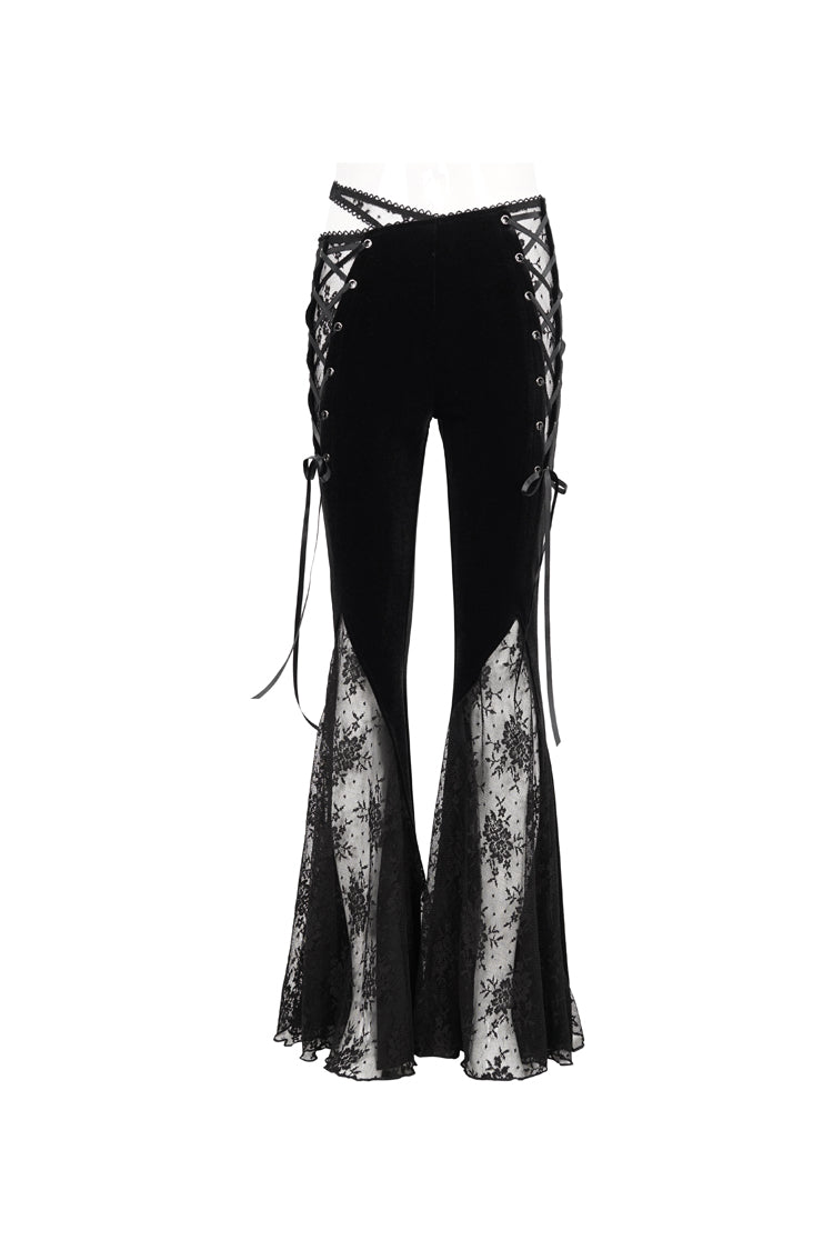 Black Velvet-Paneled Mesh Side-Adjustable Asymmetrical Women's Gothic Leggings