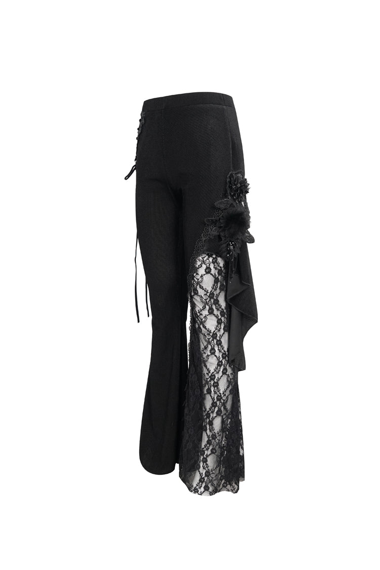 Black Velvet Single Side Stitching Rose Net Side Rope Decoration Asymmetric Pattern Flare Women's Gothic Pants