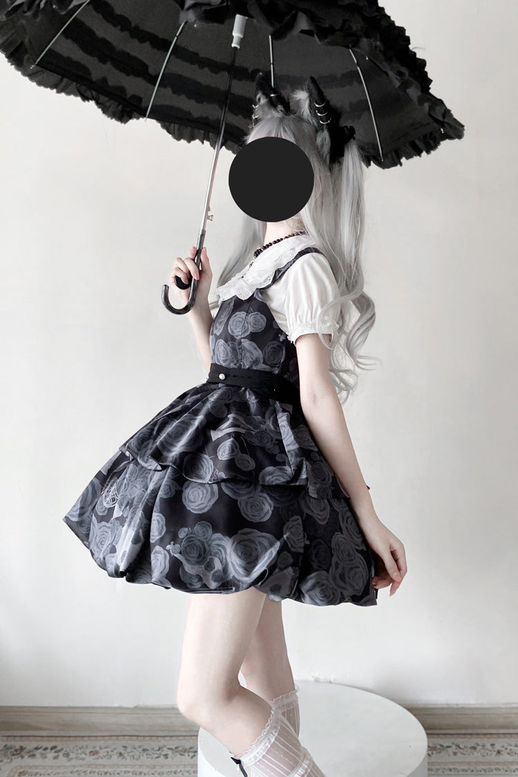 Black Rose Print Two-layer Bowknot Gothic Lolita Jsk Dress