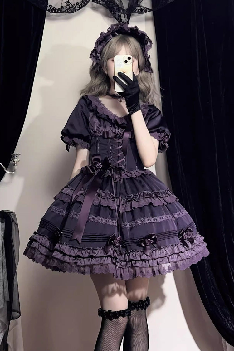Purple [Layered Blackcurrant] Short Sleeves Ruffle Bowknot Lace Sweet Lolita Dress