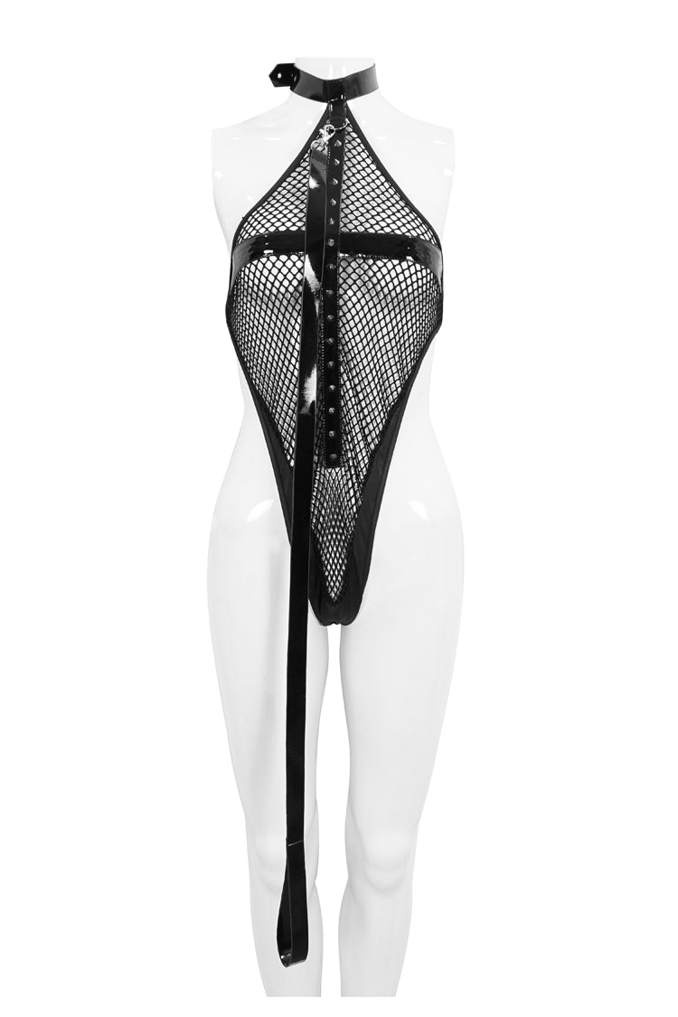 Black Sexy Leather Neck Ring Metal Rivets Fishnet Women's Punk Underwear