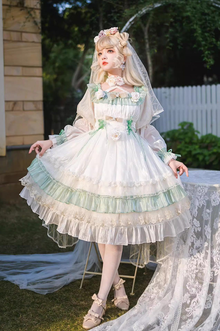 Green [Spring of Boliya] Long Sleeves Multi-Layered Ruffle Bowknot Lace Lace-Up Sweet Princess Lolita Dress