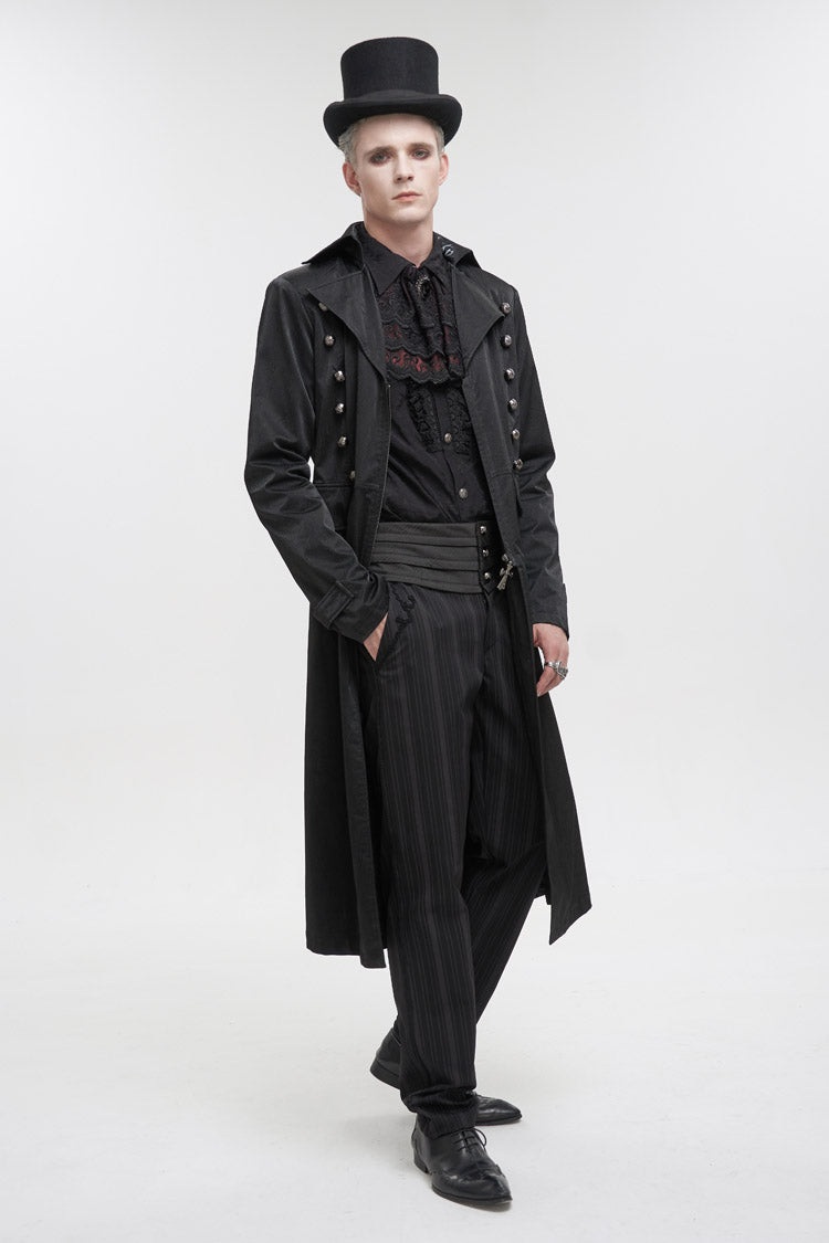 Black Lapel Collar Double Breasted Metal Cross Zip Men's Gothic Long Coat