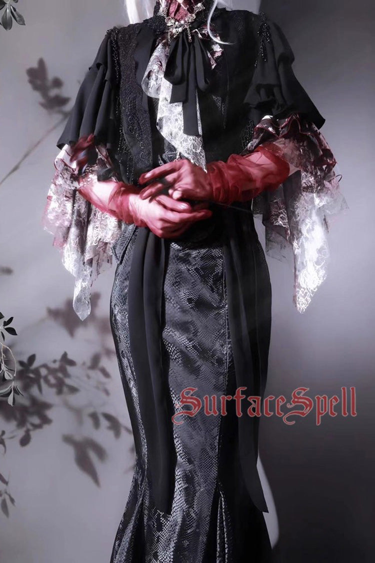 Black Faux Leather Snake Print Flared Fishbone Mermaid Gothic Lolita Skirt