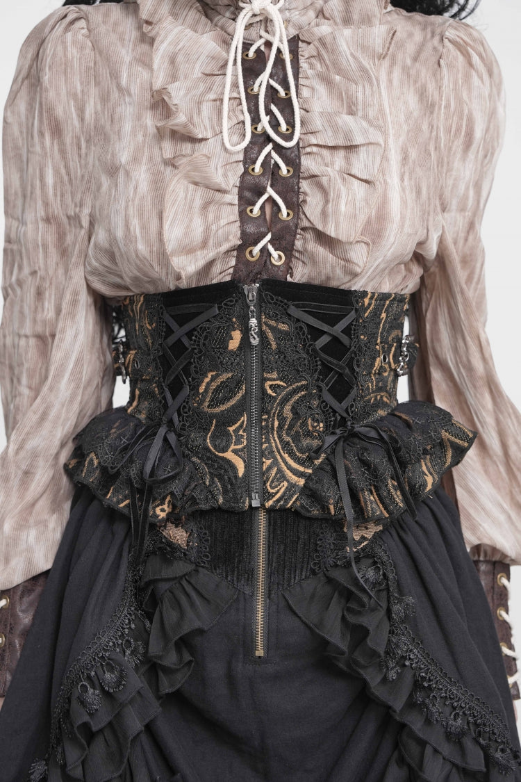 Schwarzer, schmal geschnittener, königlicher Gothic-Gürtel zum Schnüren aus Jacquard-Spitze mit Reißverschluss für Damen