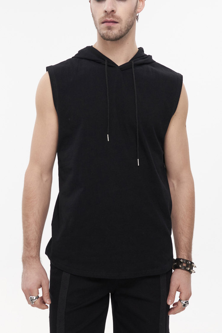 Black Knit Irregular Simple Versatile Sleeveless Hooded Men's Punk Tank Top