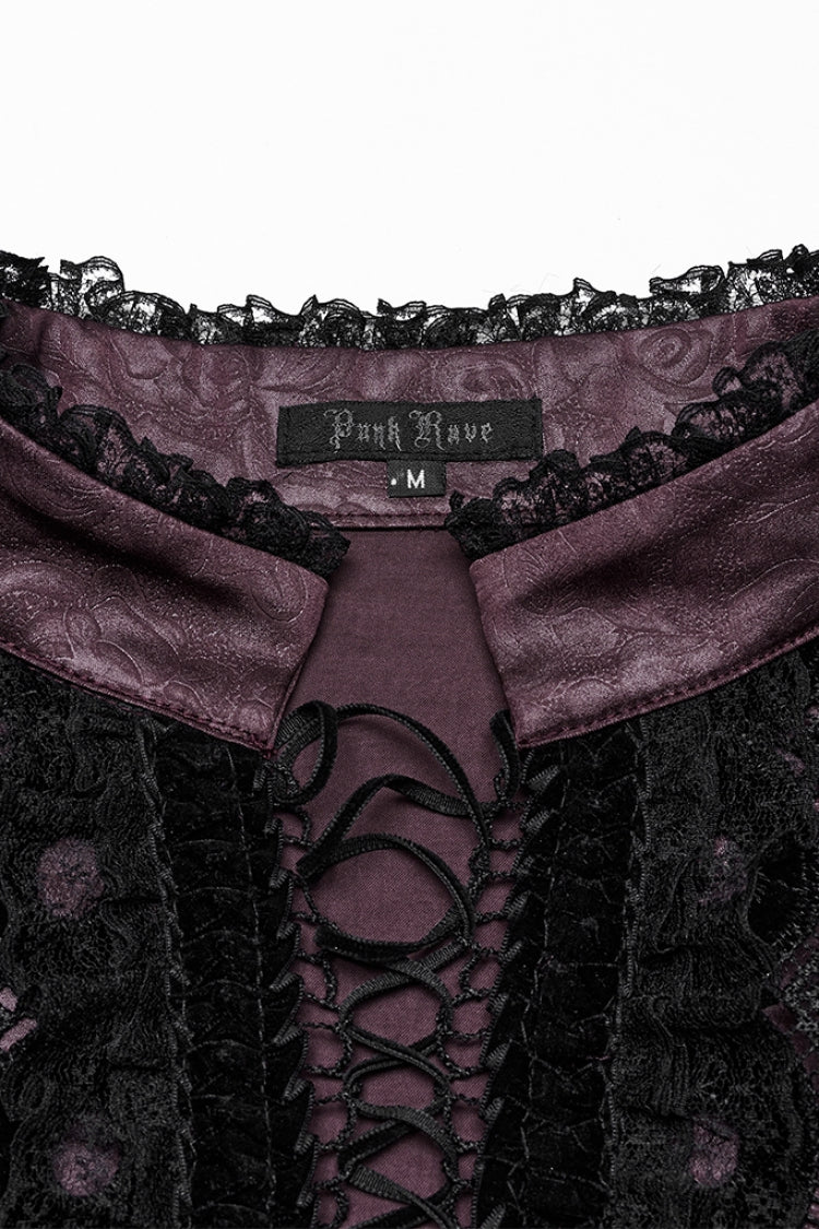 Red Stand Collar Long Sleeves Ruffle Embroidery Lace-Up Plunging Rose Men's Gothic Blouse