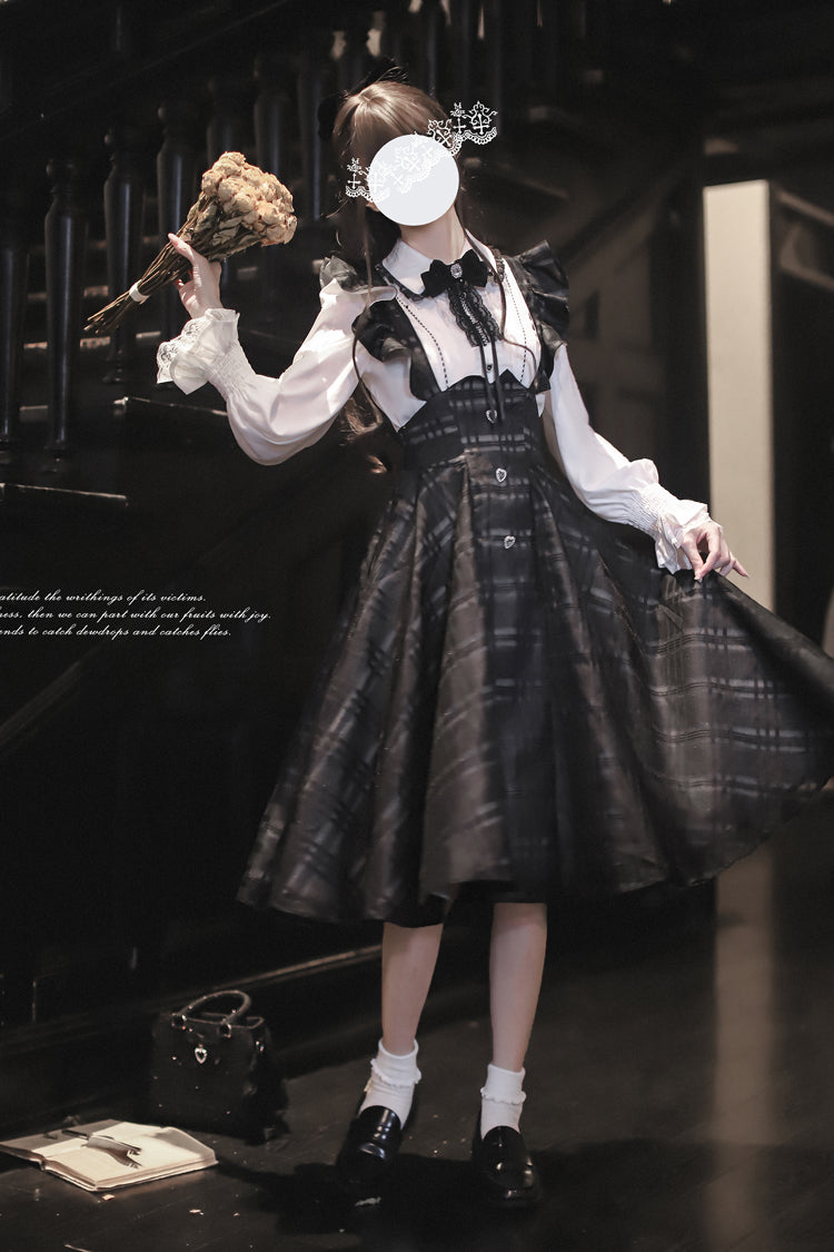 Black Plaid Print Classic College Style Elegant Lolita Strap Dress