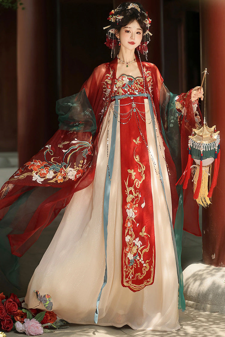 Red [Ancient Charm] Long Sleeves High Waisted Printed Embroidered Women's Classic Luxurious Hanfu Set
