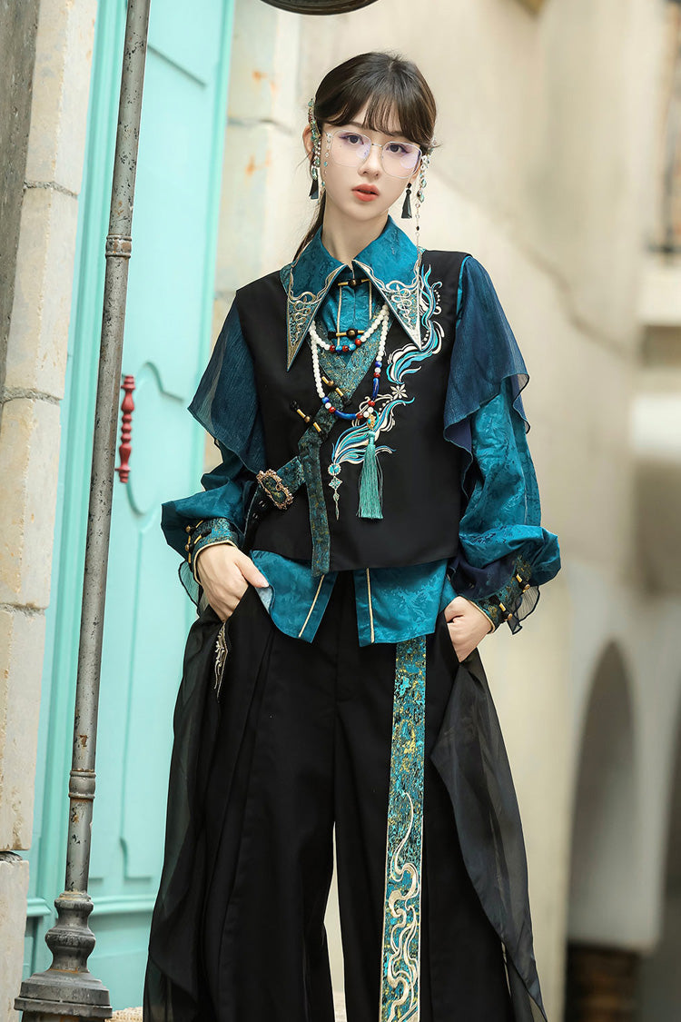 Schwarz/Grün Rundhals Langarm Rüschen Stickerei Chinesischer Stil Vintage Hübsches Ouji Lolita Set 